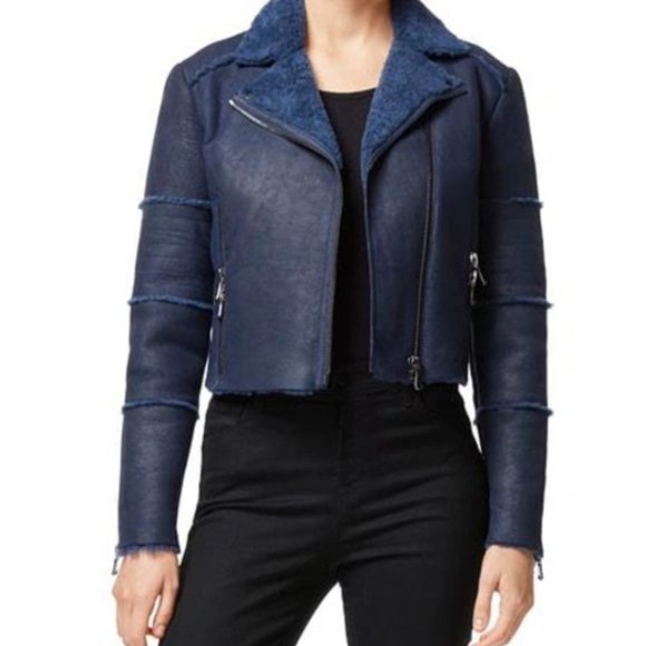 J BRAND Aiah Lambskin Leather Moto Jacket Genuine Shearling Trim Washed Navy - Picture 2 of 11